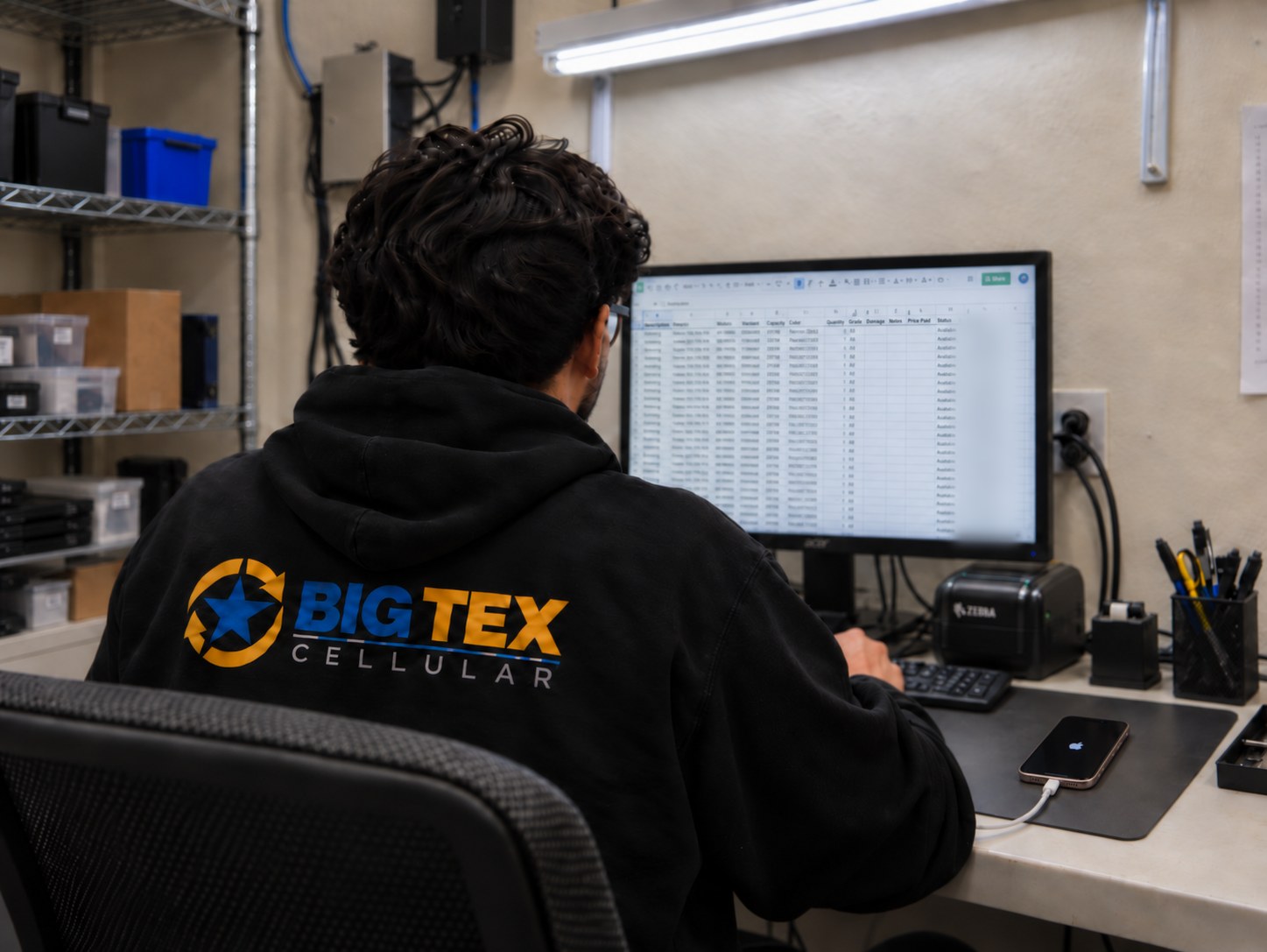 Big Tex Cellular team member managing inventory at the workstation
